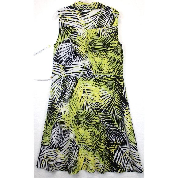 Tacera A-Line Button Down Dress Sleeveless Leaf Print Yellow Black - Picture 2 of 13